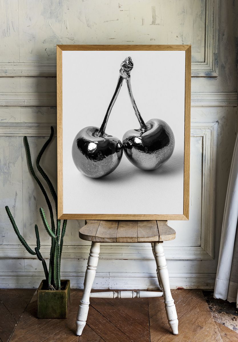 Chrome Cherries Photography Poster. — room view 1