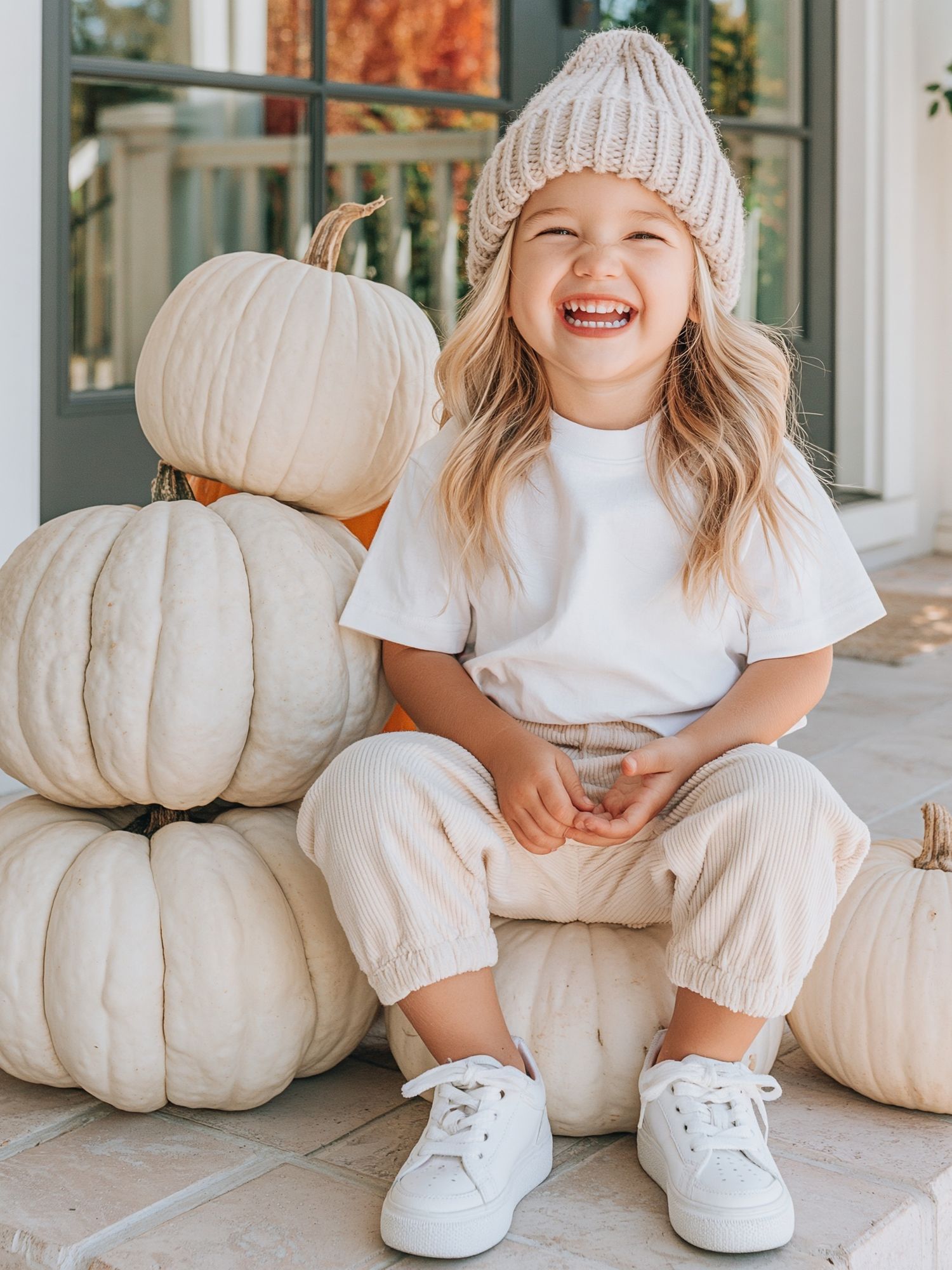 Smiling Child with Pumpkins Photography Poster. poster detail