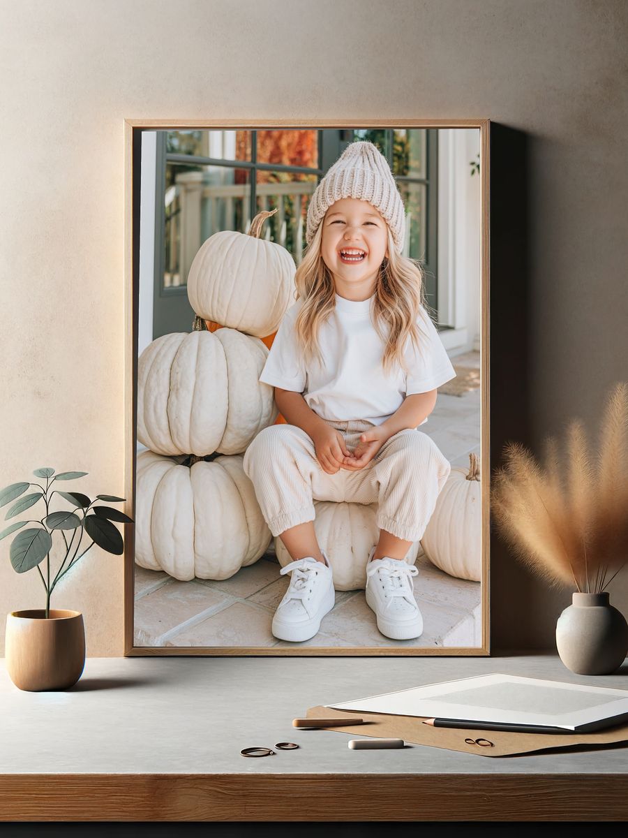 Smiling Child with Pumpkins Photography Poster. — room view 2