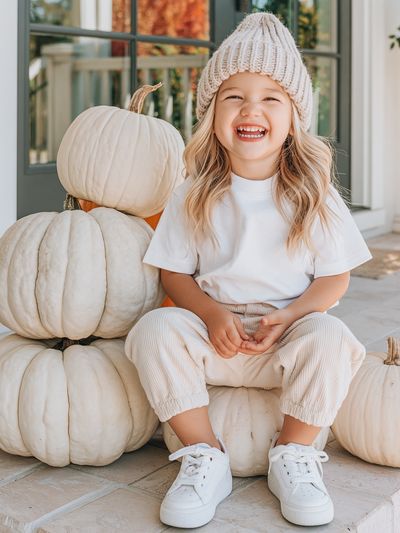Smiling Child with Pumpkins Photography Poster.