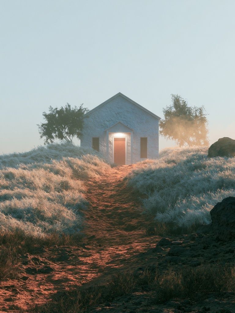 Misty Cottage Path Photography Poster. poster — photography art