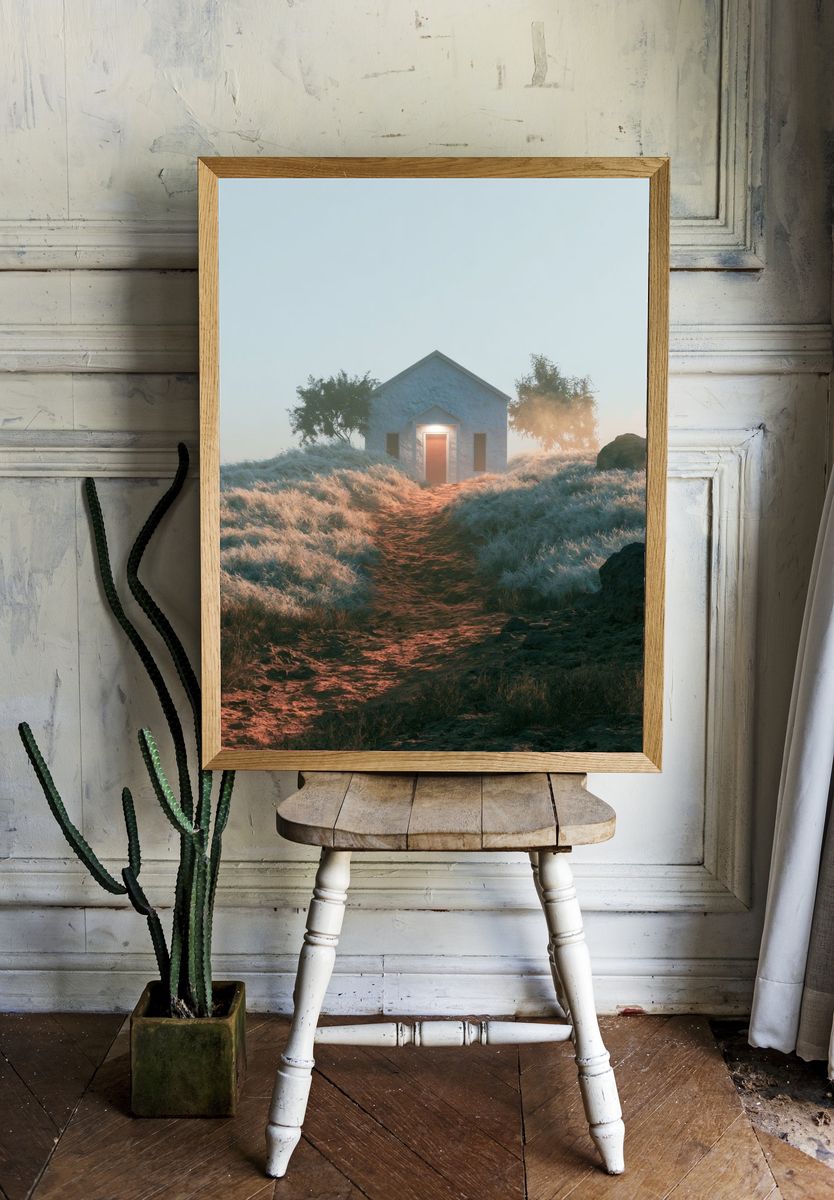 Misty Cottage Path Photography Poster. room preview