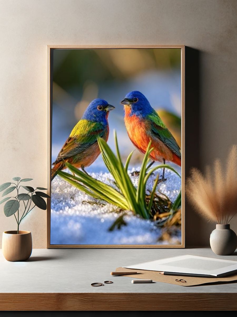 Colorful Birds in Snow Photography Poster. — room view 2