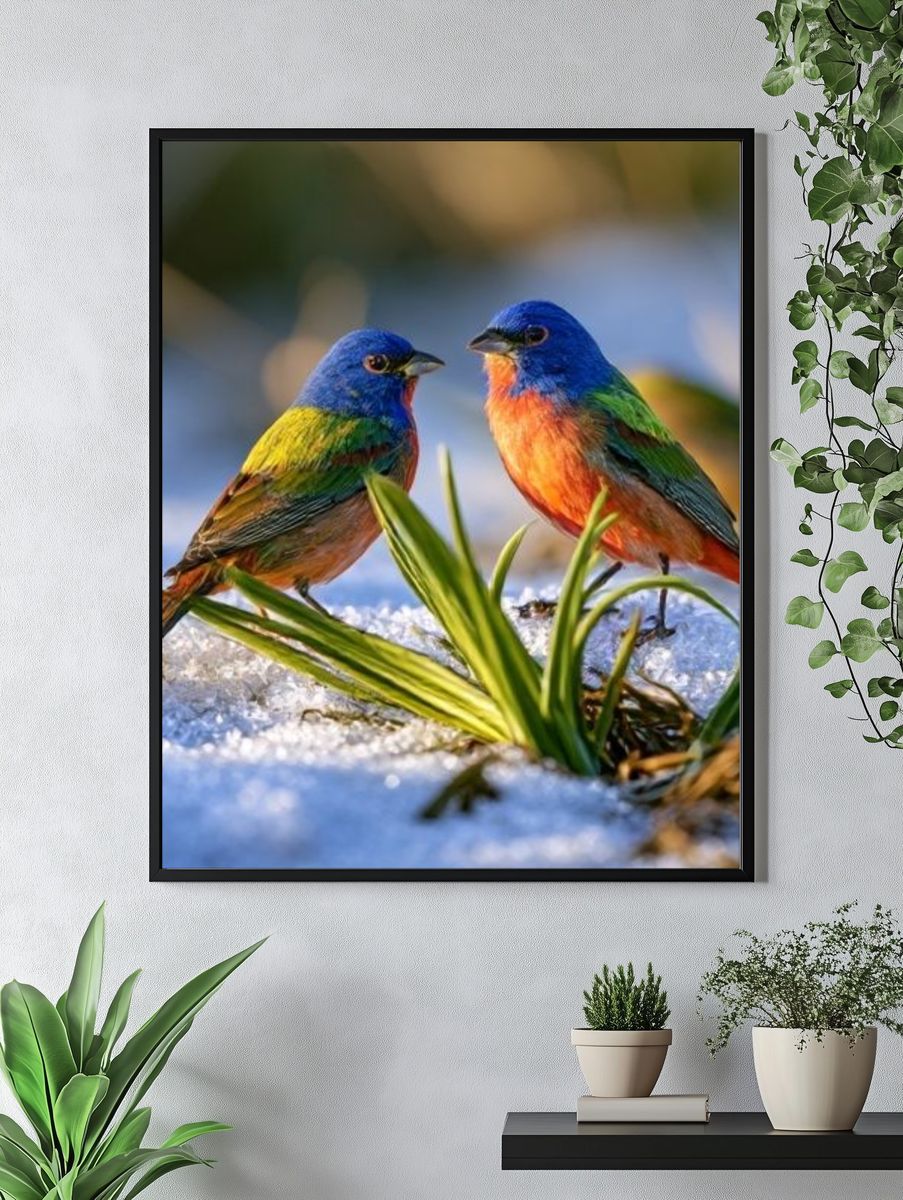 Colorful Birds in Snow Photography Poster. — room view 4