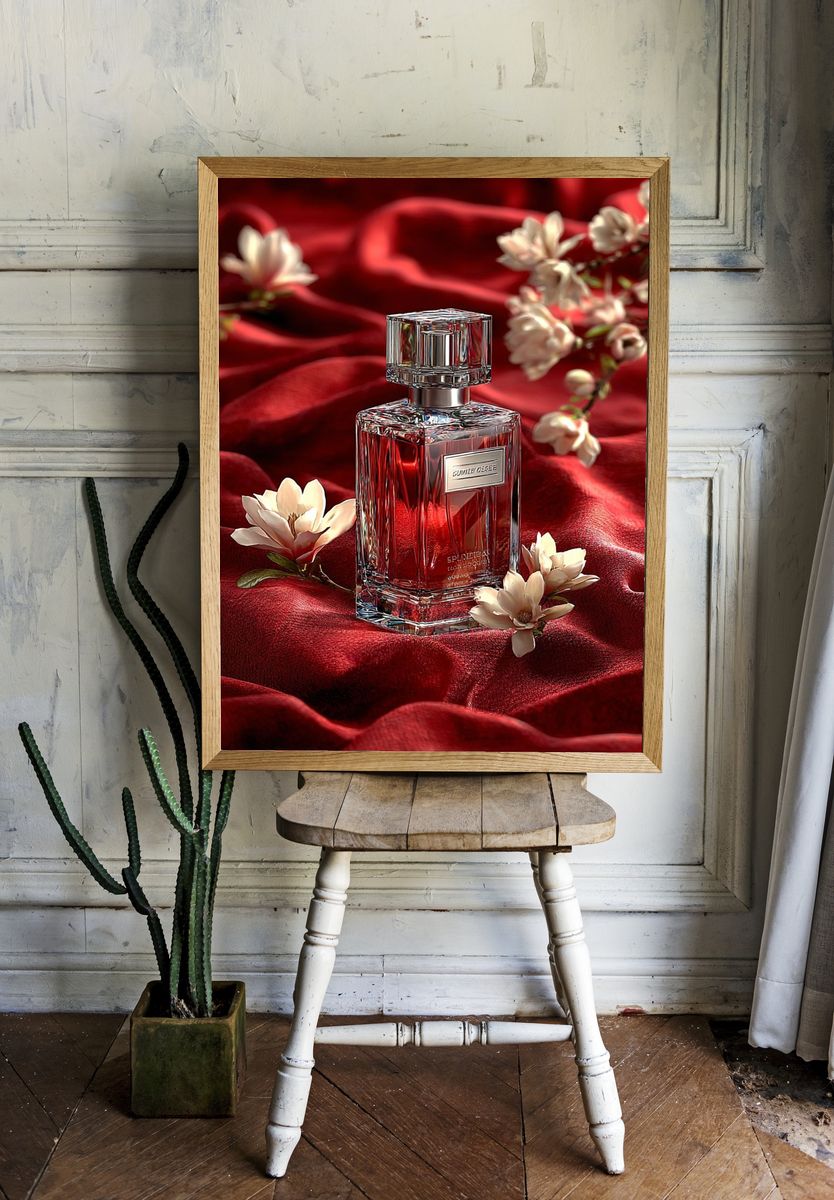 Red Perfume Bottle Photography Poster. — room view 1