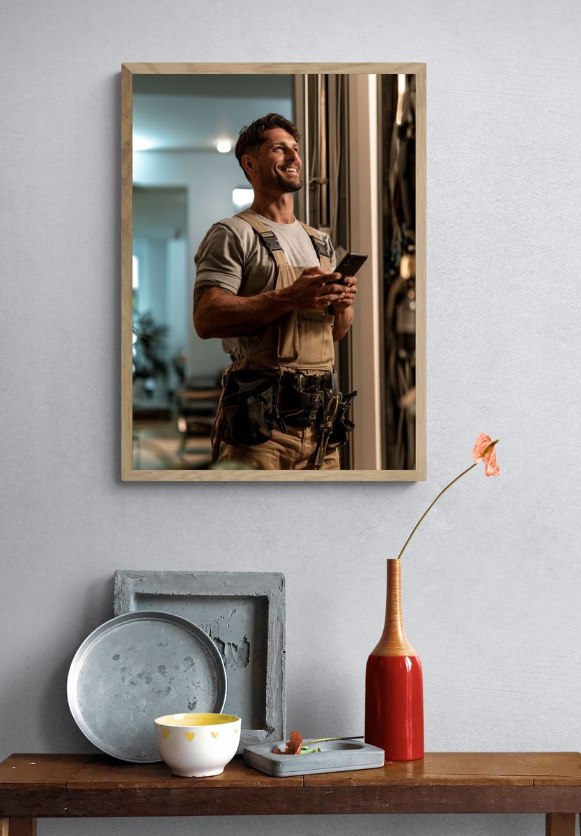 Smiling Tradesman Photography Poster. — room view 3