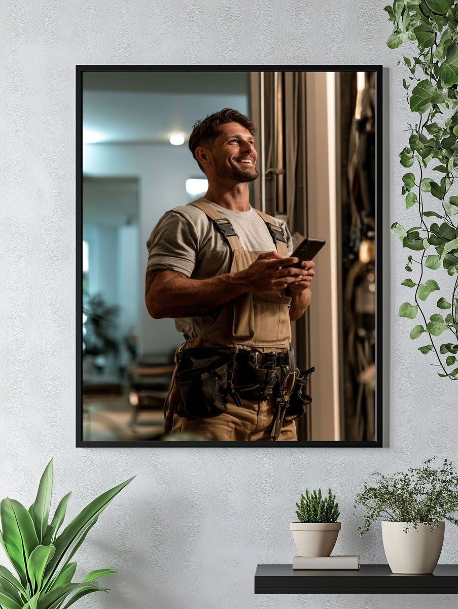 Smiling Tradesman Photography Poster. — room view 4