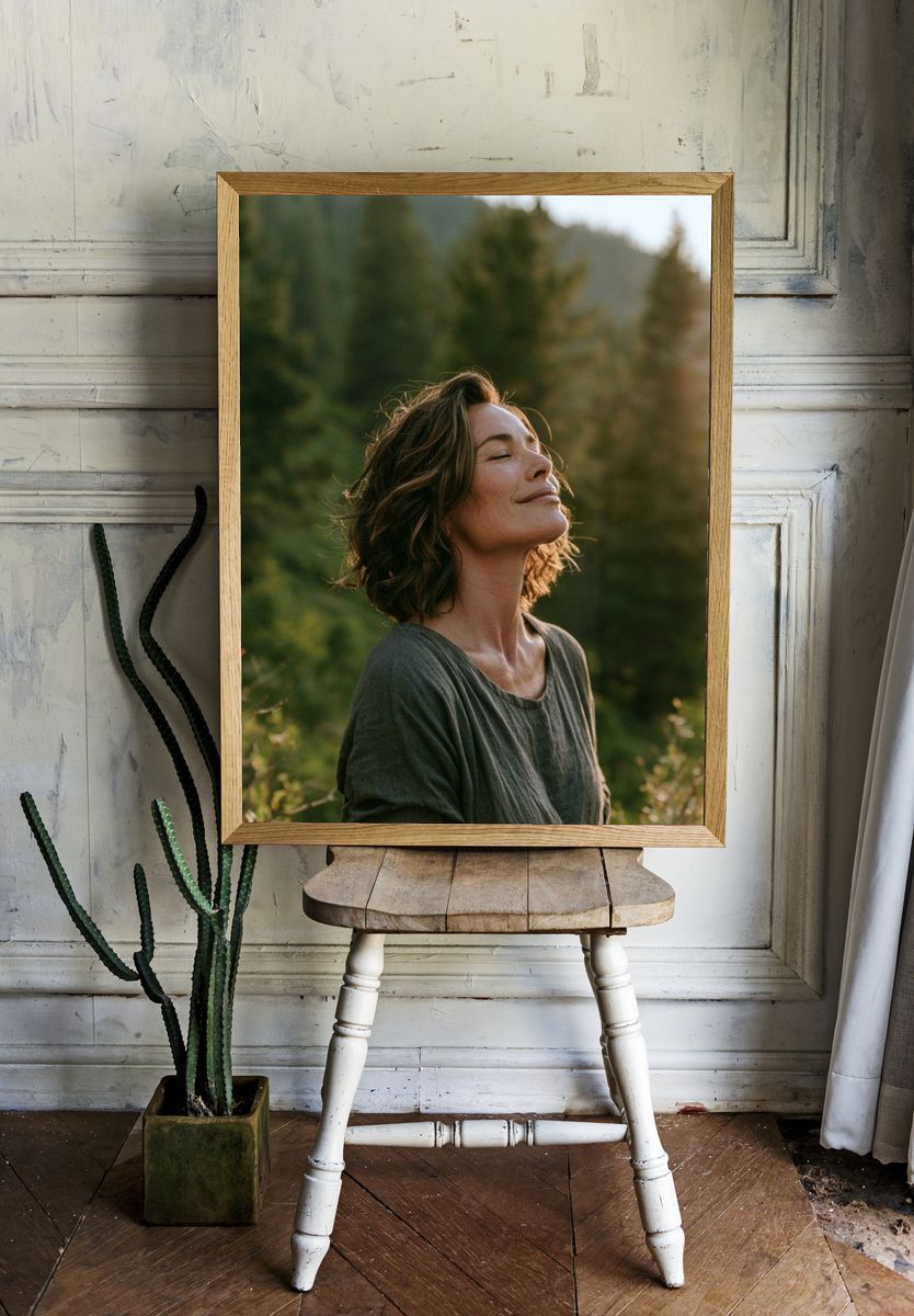 Serene Woman in Forest Photography Poster. — room view 1