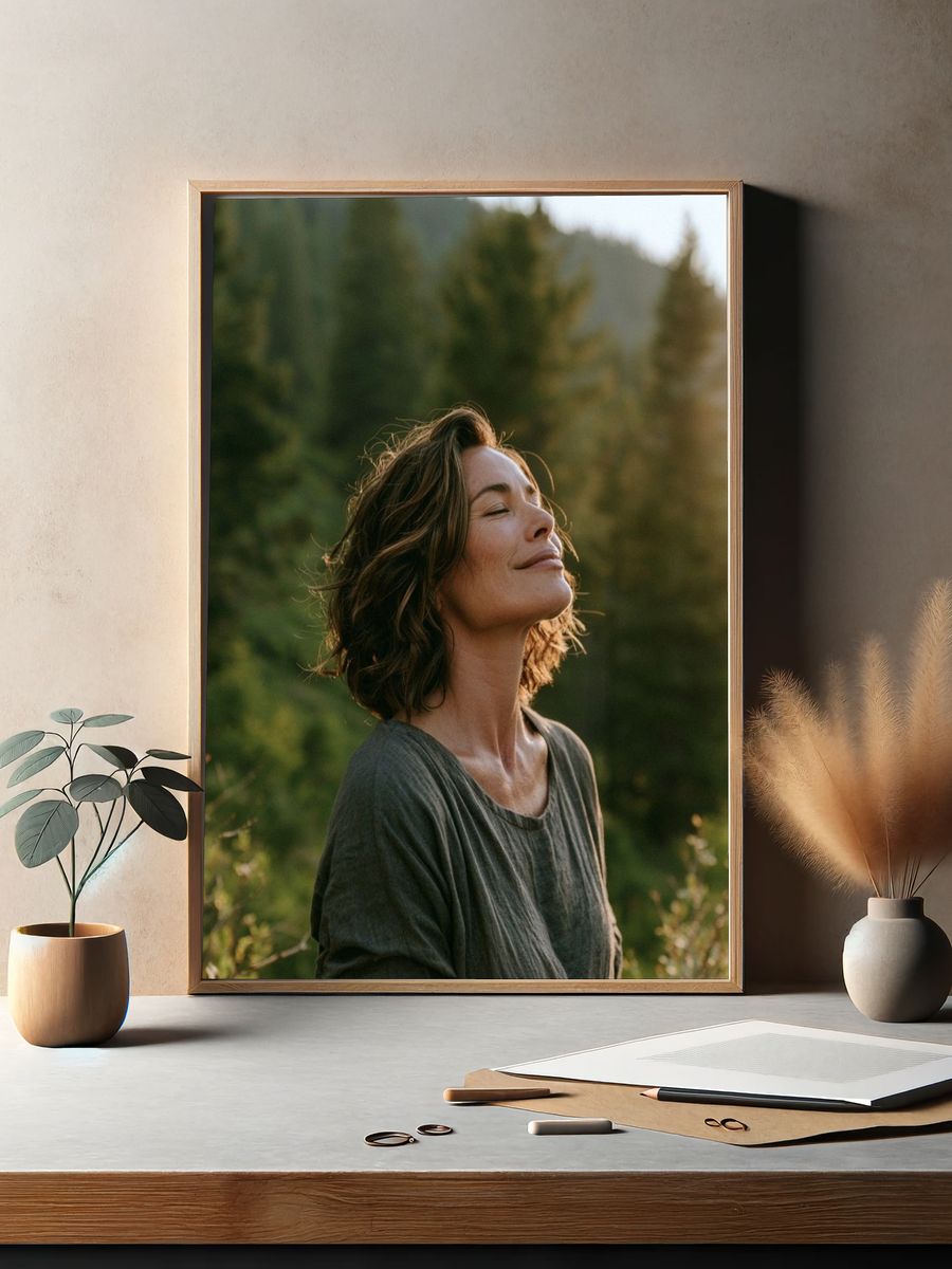 Serene Woman in Forest Photography Poster. — room view 2