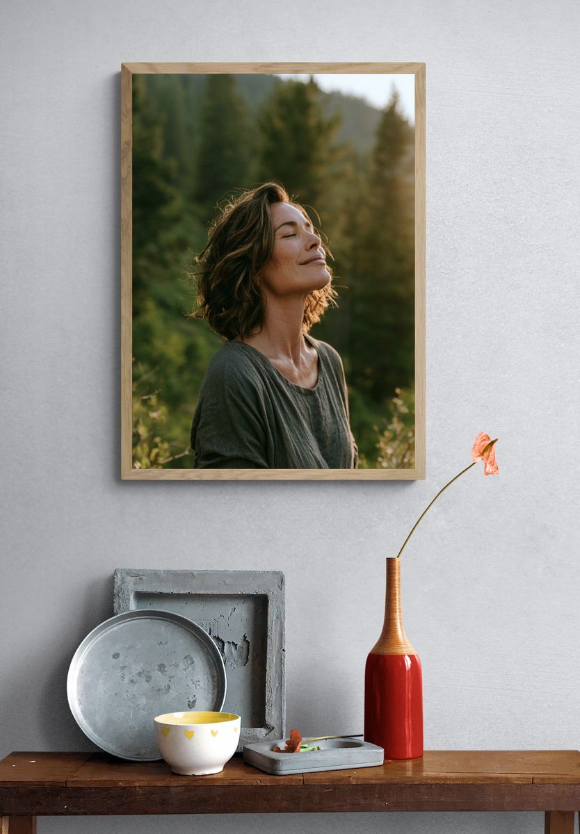 Serene Woman in Forest Photography Poster. — room view 3