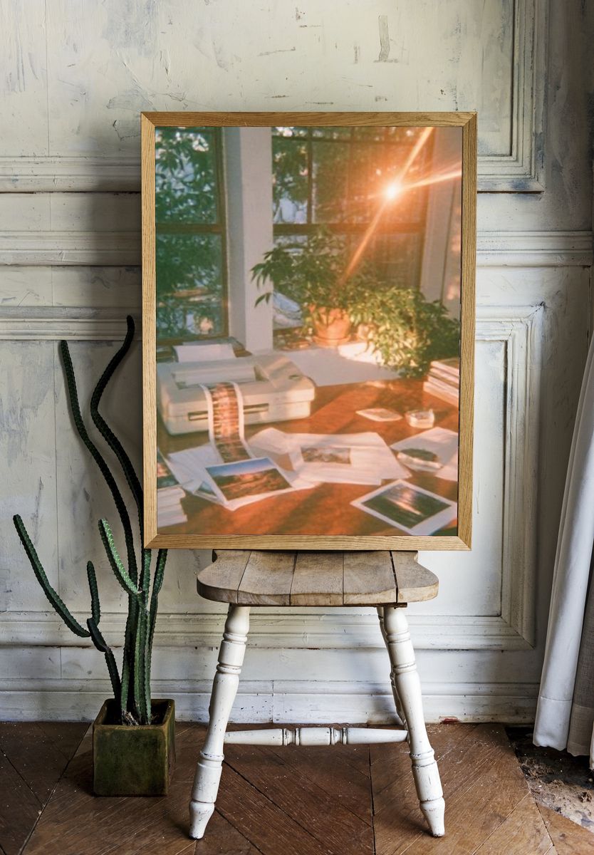 Sunlit Studio Desk Photography Poster. — room view 1