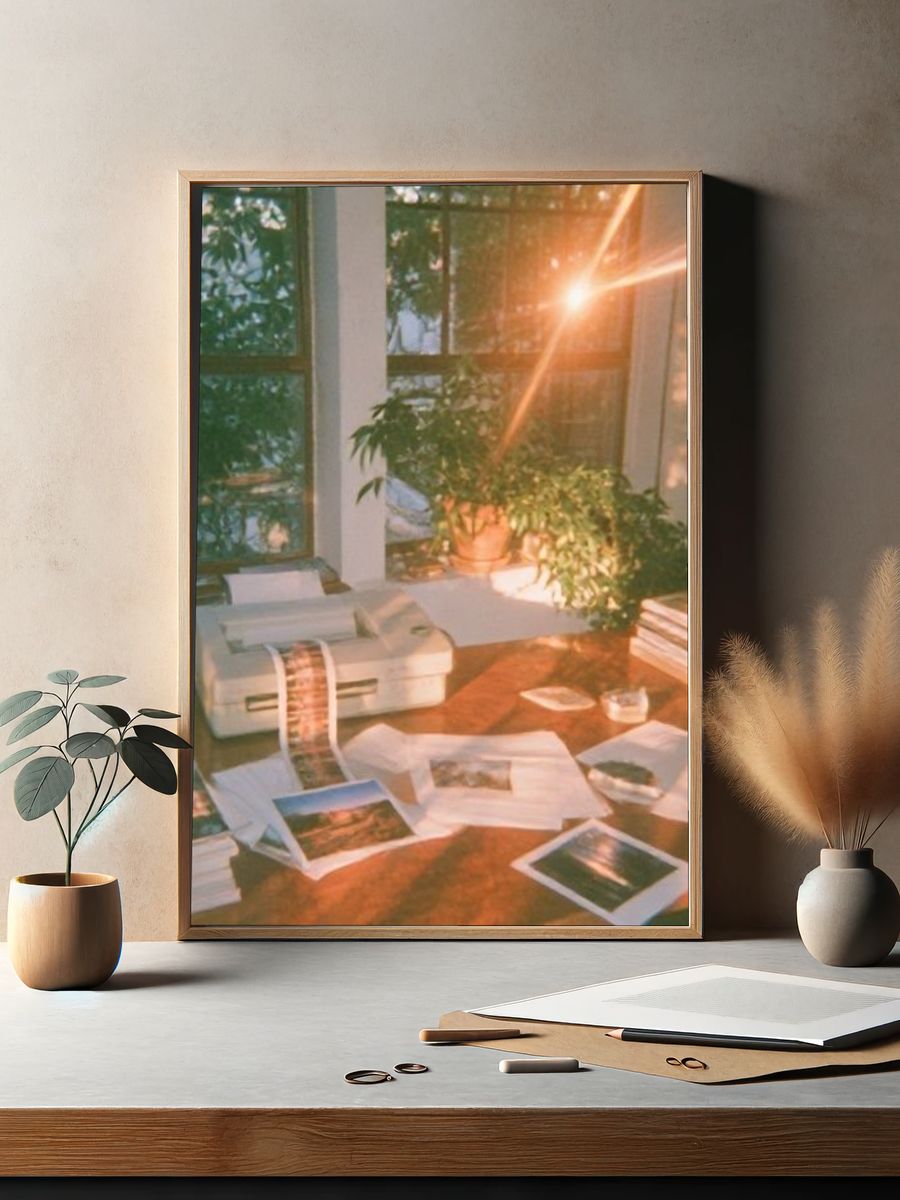 Sunlit Studio Desk Photography Poster. — room view 2