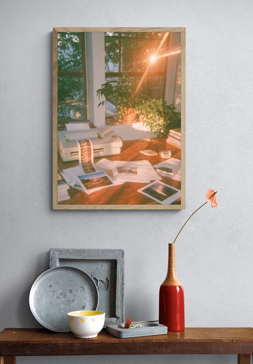 Sunlit Studio Desk Photography Poster. — room view 3