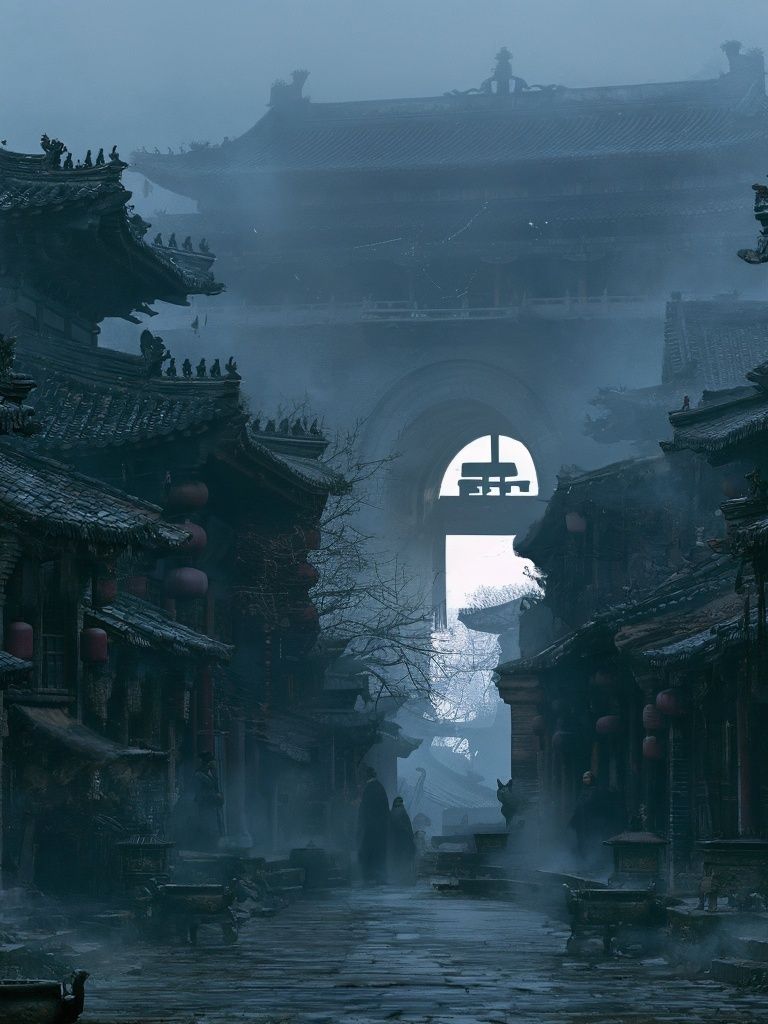 Misty Ancient Chinese Street Photography Poster. poster detail