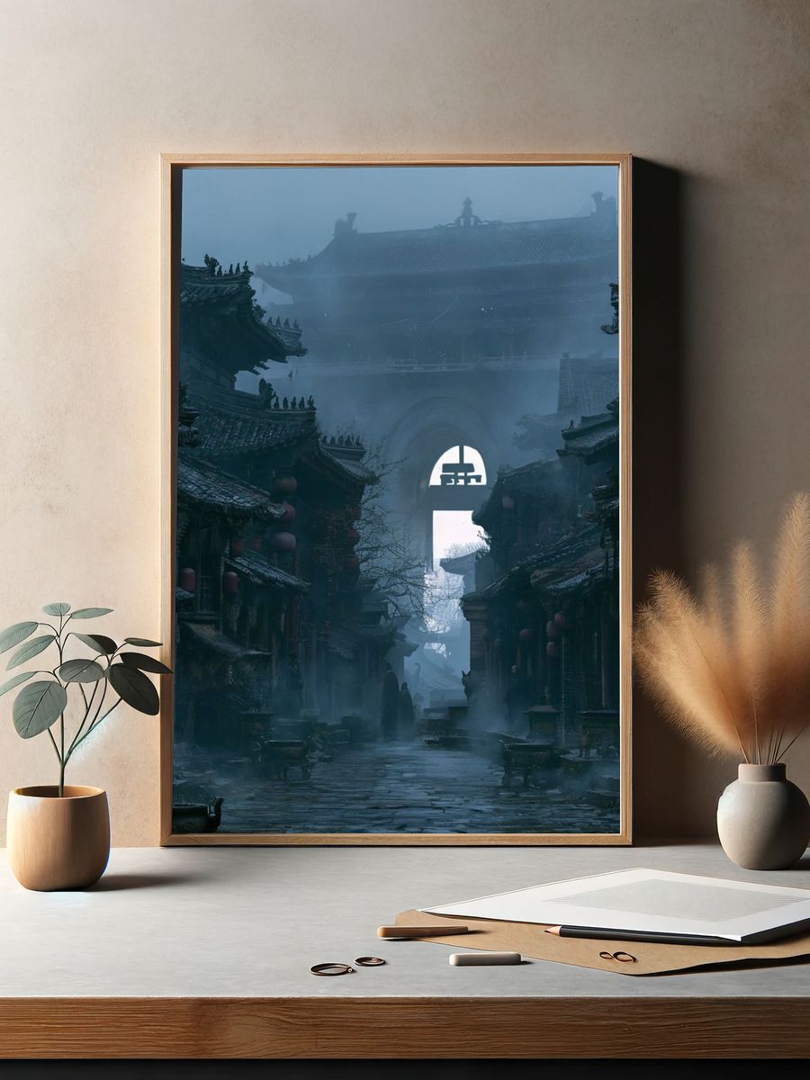 Misty Ancient Chinese Street Photography Poster. — room view 2