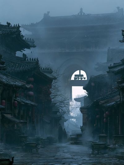 Misty Ancient Chinese Street Photography Poster.
