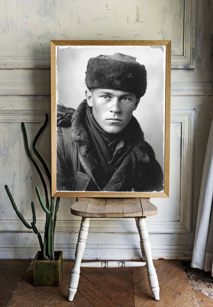 Black and White Soldier Portrait Poster. — room view 1