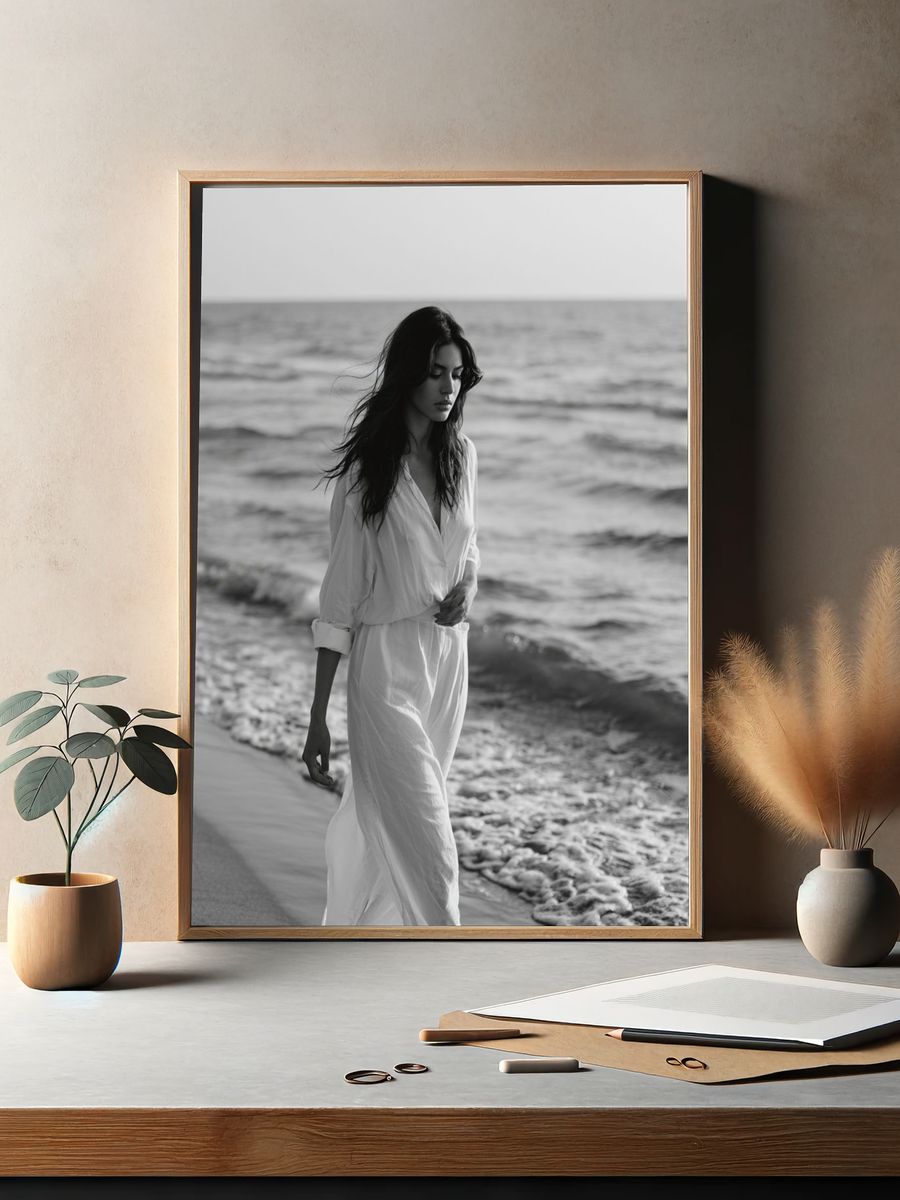 Seaside Woman Black-White Poster. — room view 2