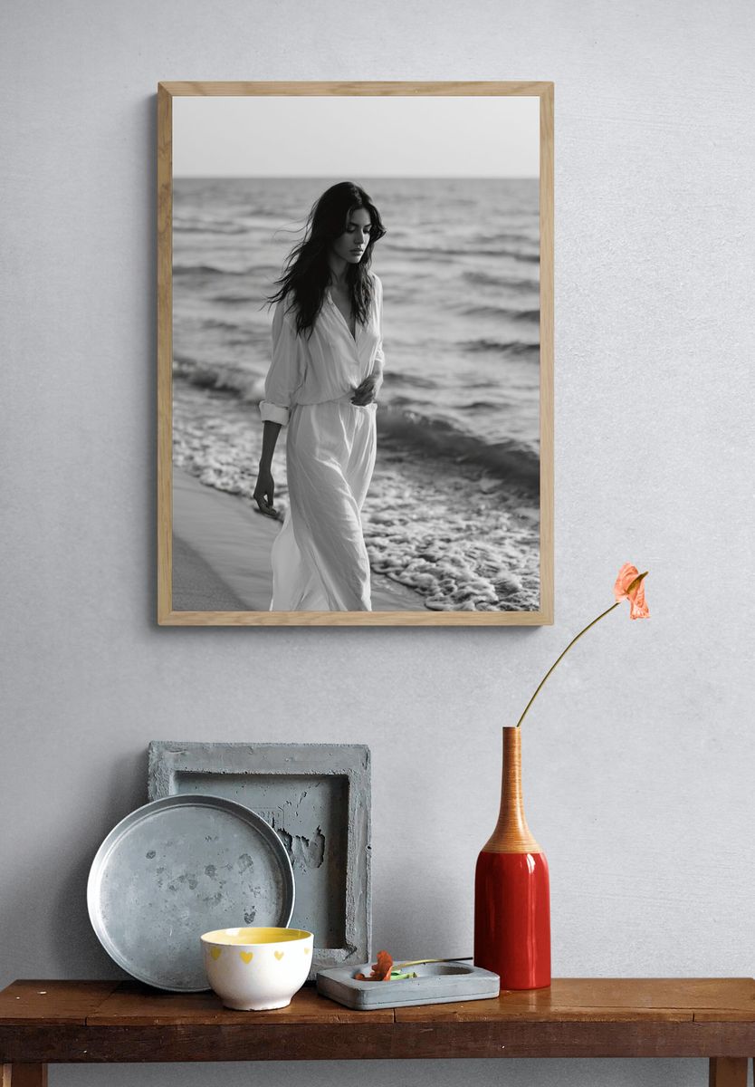 Seaside Woman Black-White Poster. — room view 3