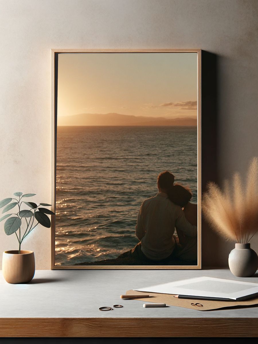 Sunset Couple by the Sea Photography Poster. — room view 2