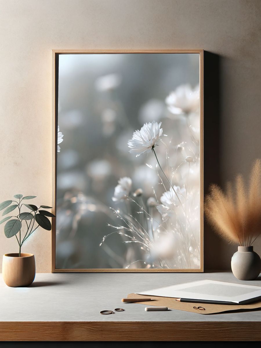 Soft White Wildflowers Photography Poster. — room view 2