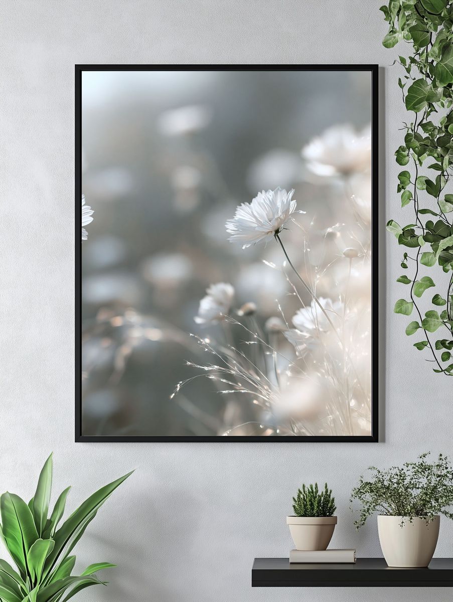 Soft White Wildflowers Photography Poster. — room view 4