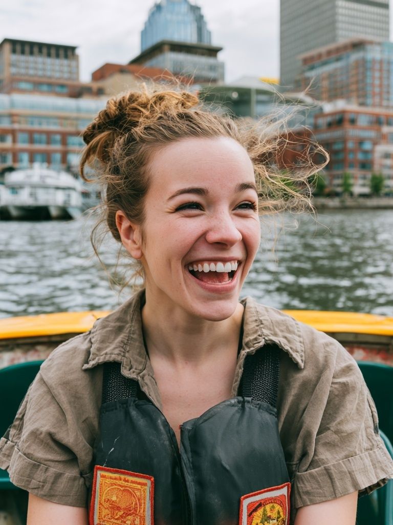 Smiling Woman on Harbor Boat Poster. poster detail