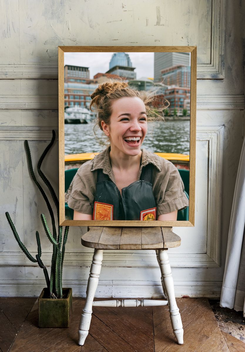 Smiling Woman on Harbor Boat Poster. room preview