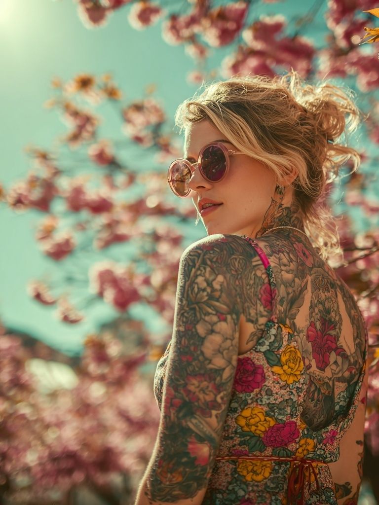 Tattooed Woman in Blossoms Photography Poster. poster detail