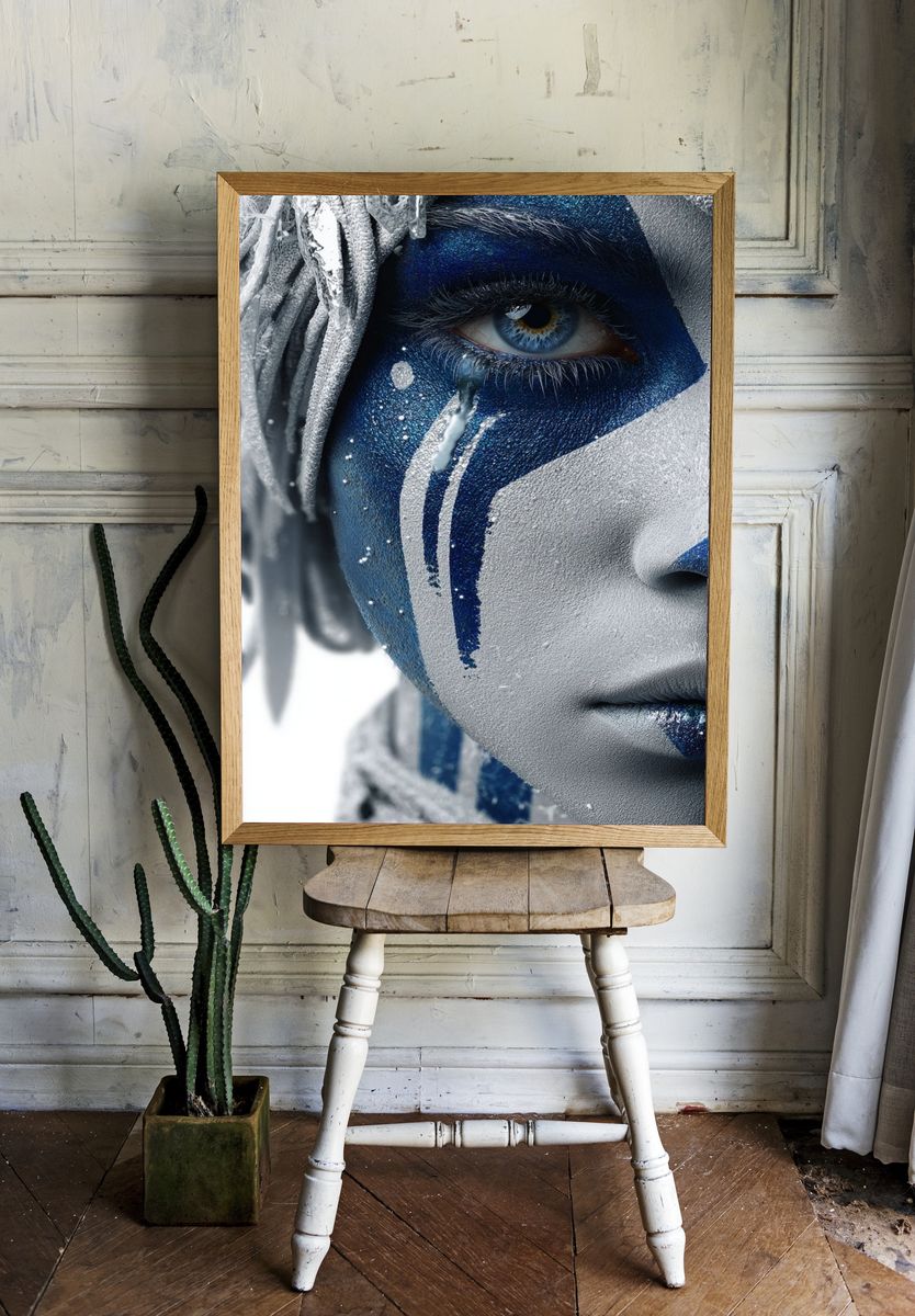 Blue Face Paint Portrait Poster. — room view 1