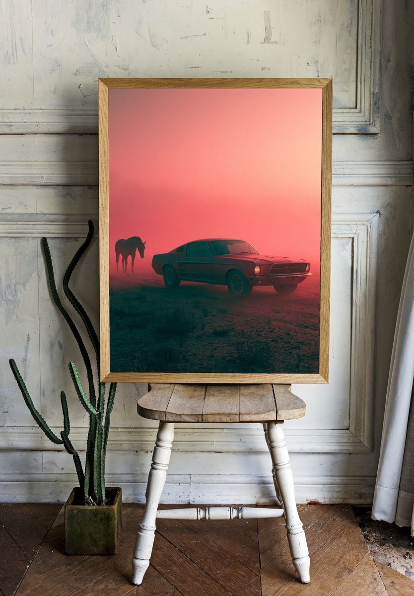 Mustang in Desert Fog Poster. room preview