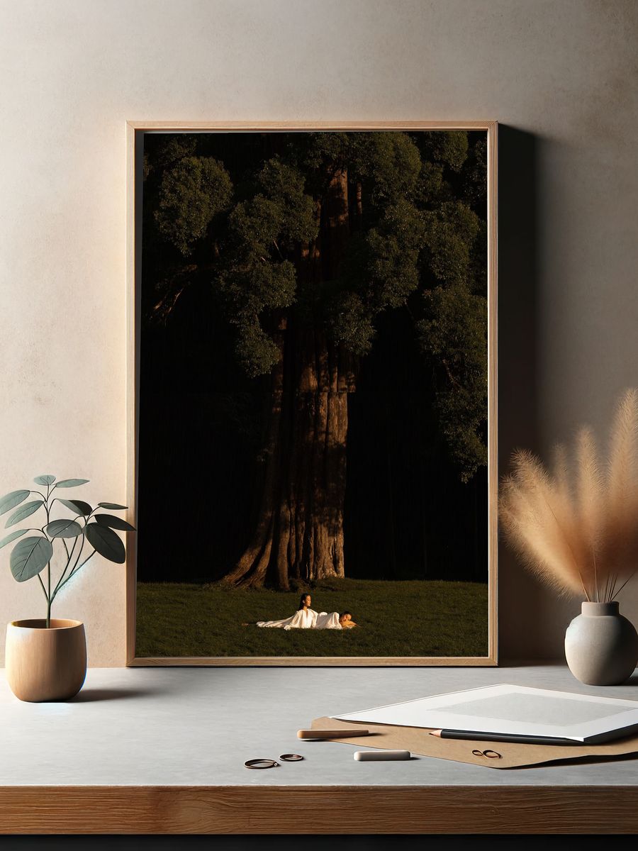 Sunlit Tree and Figures Photography Poster. — room view 2