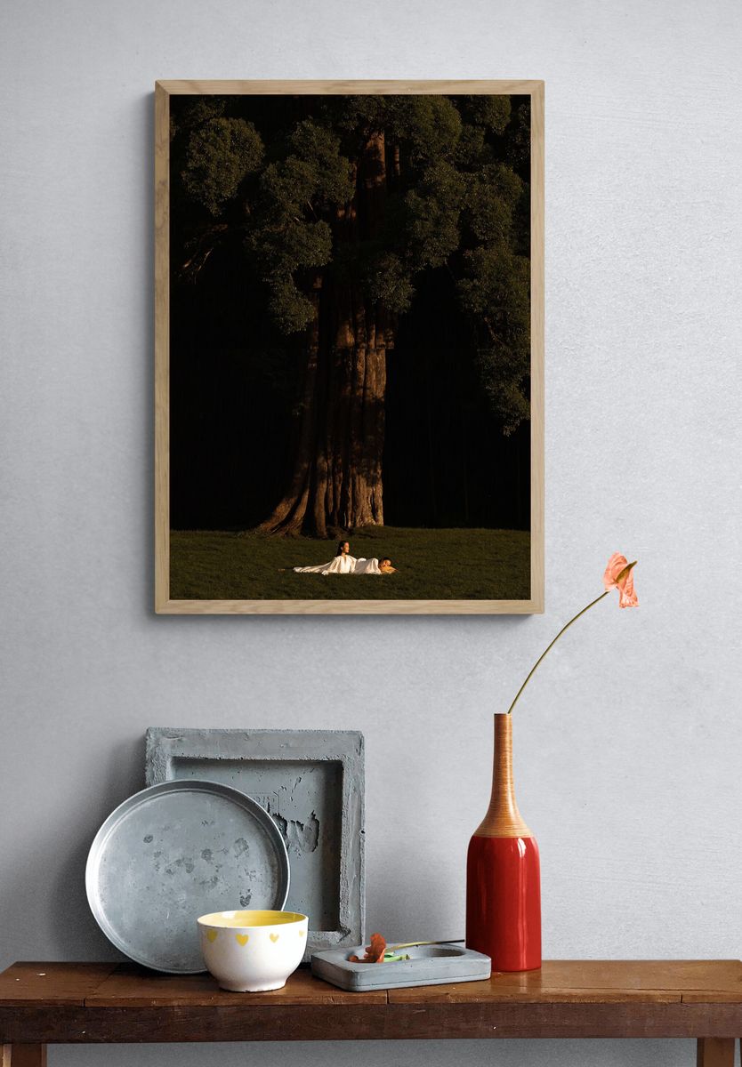 Sunlit Tree and Figures Photography Poster. — room view 3