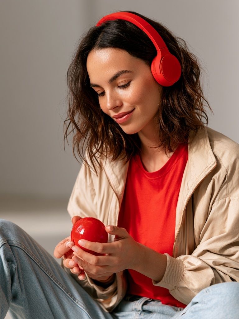 Woman with Red Headphones Photography Poster. poster detail