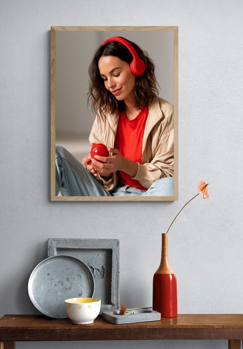 Woman with Red Headphones Photography Poster. — room view 3