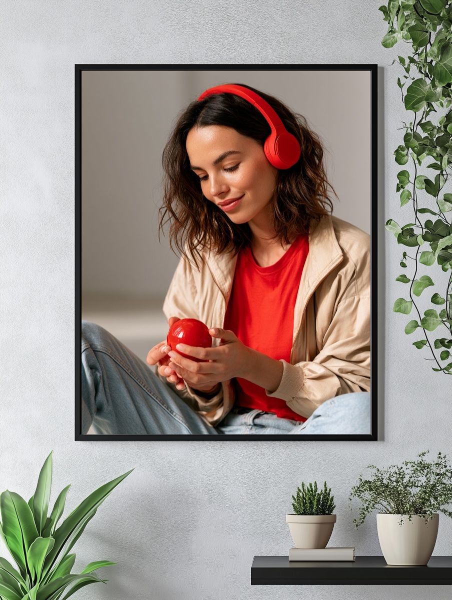 Woman with Red Headphones Photography Poster. — room view 4