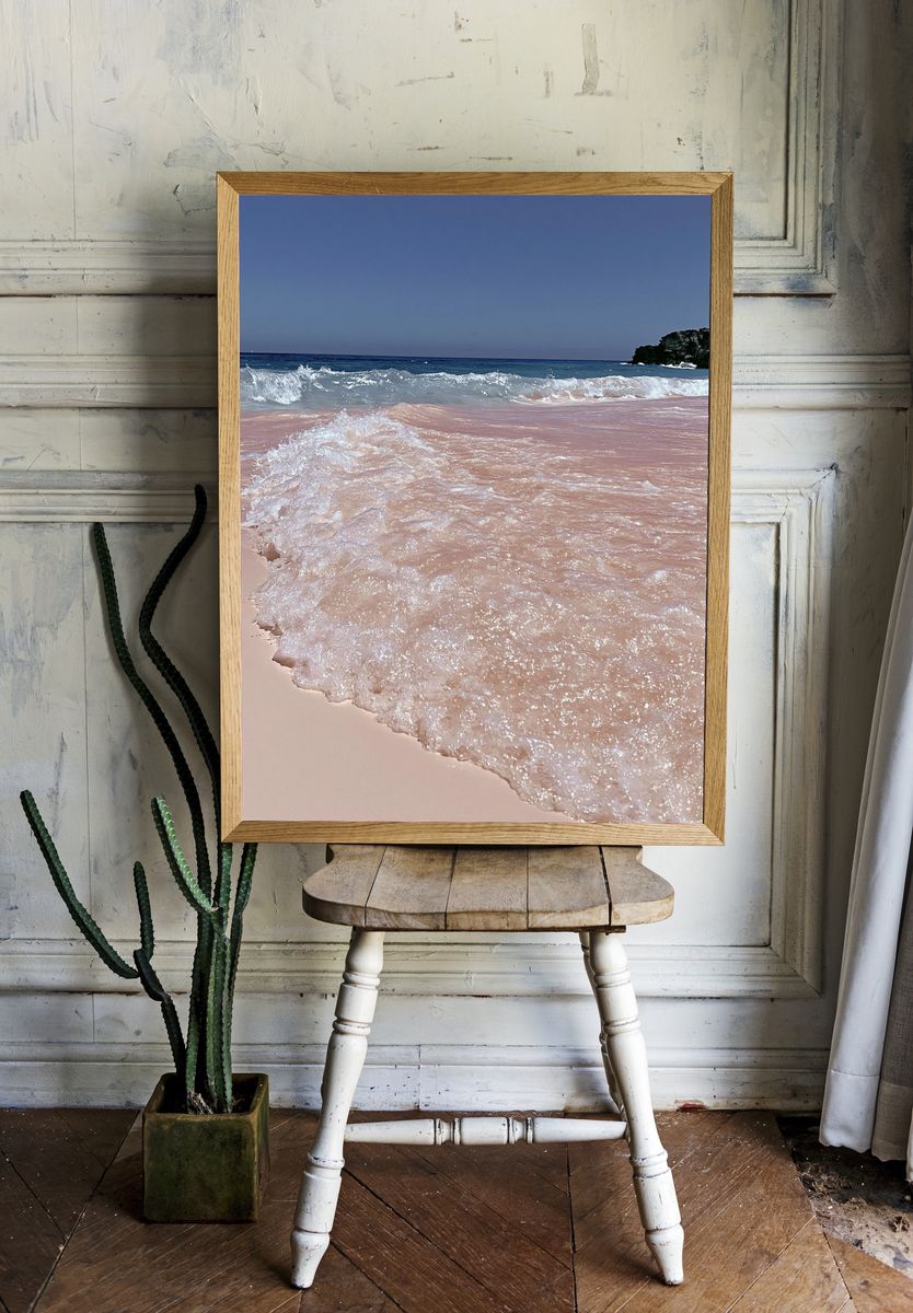 Pink Shoreline Ocean Photography Poster. — room view 1