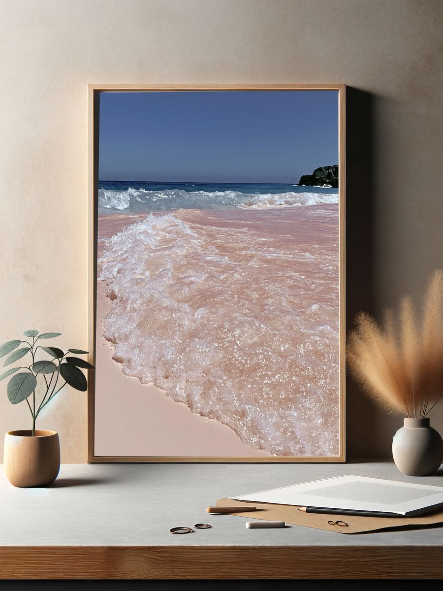Pink Shoreline Ocean Photography Poster. — room view 2