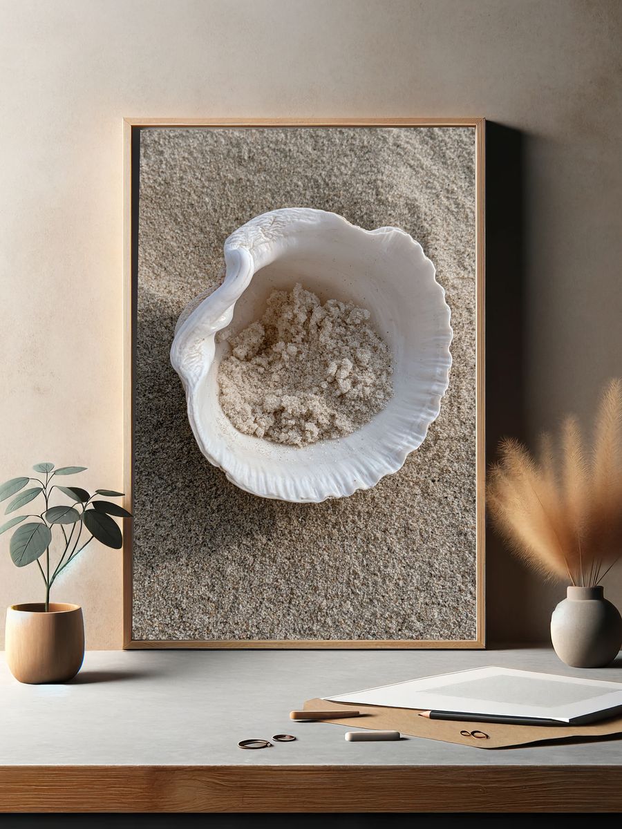 Seashell on Sand Photography Poster. — room view 2