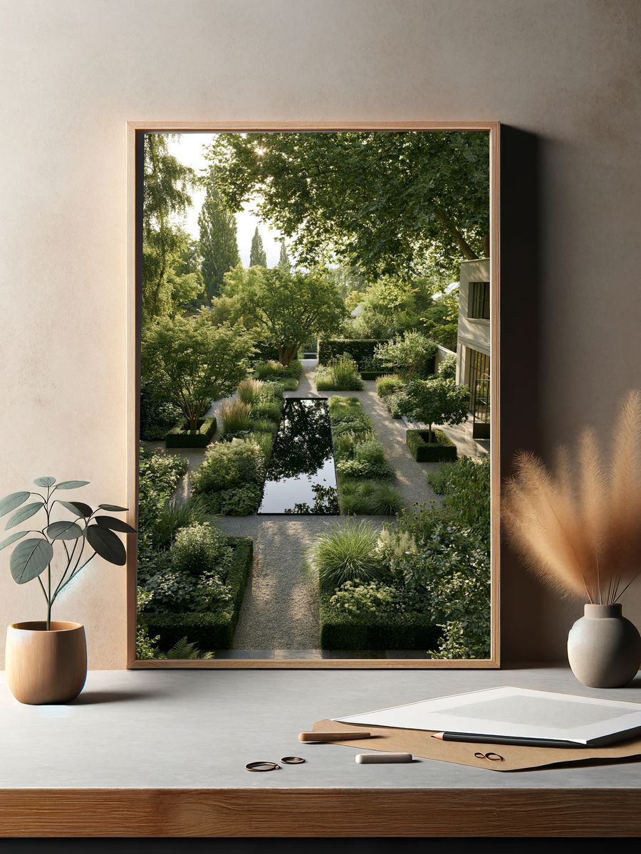 Serene Garden Courtyard Photography Poster. — room view 2