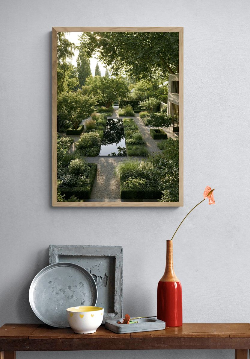 Serene Garden Courtyard Photography Poster. — room view 3
