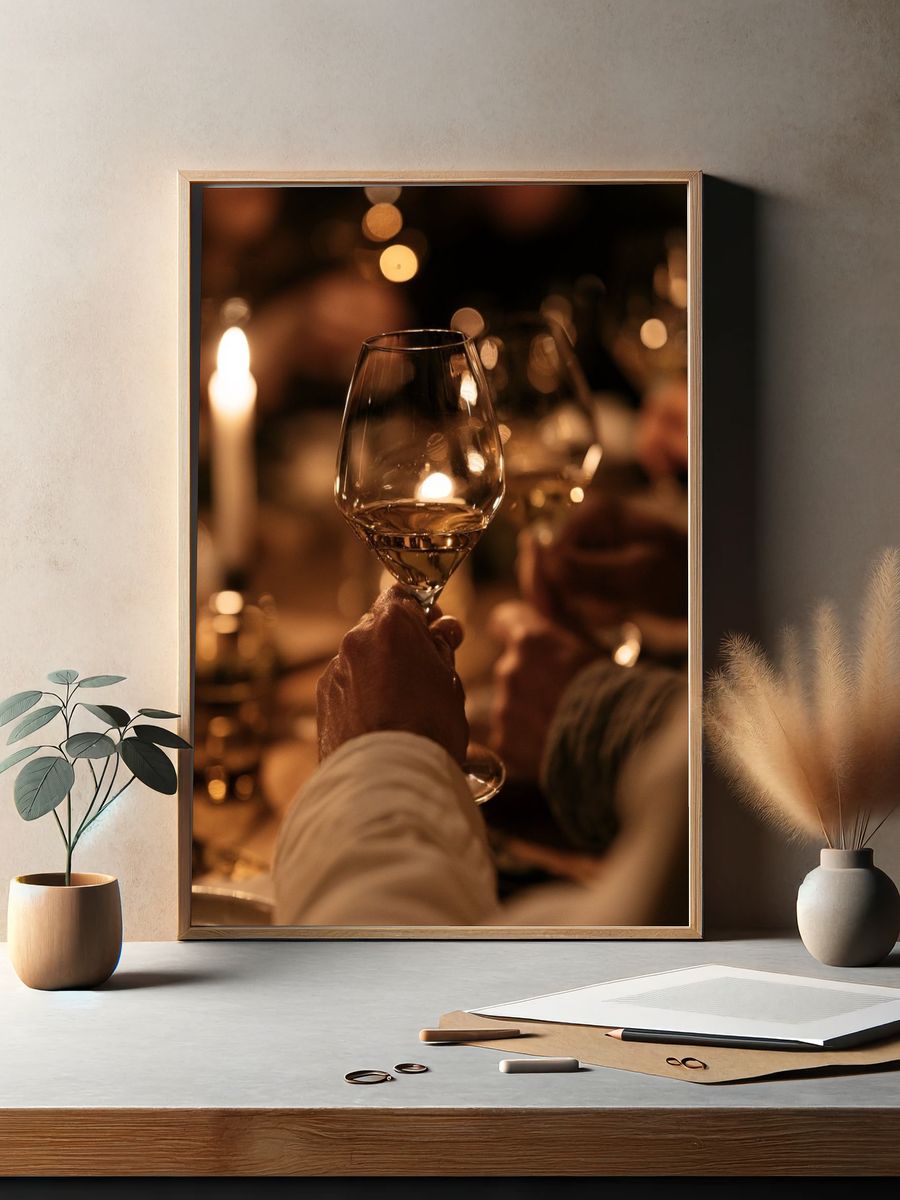 Candlelit Wine Toast Photography Poster. — room view 2