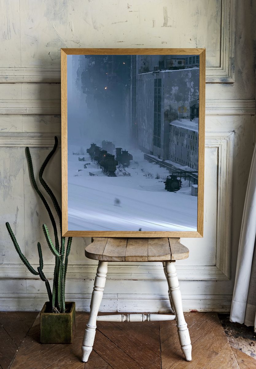 Snowy Industrial Cityscape Photography Poster. — room view 1