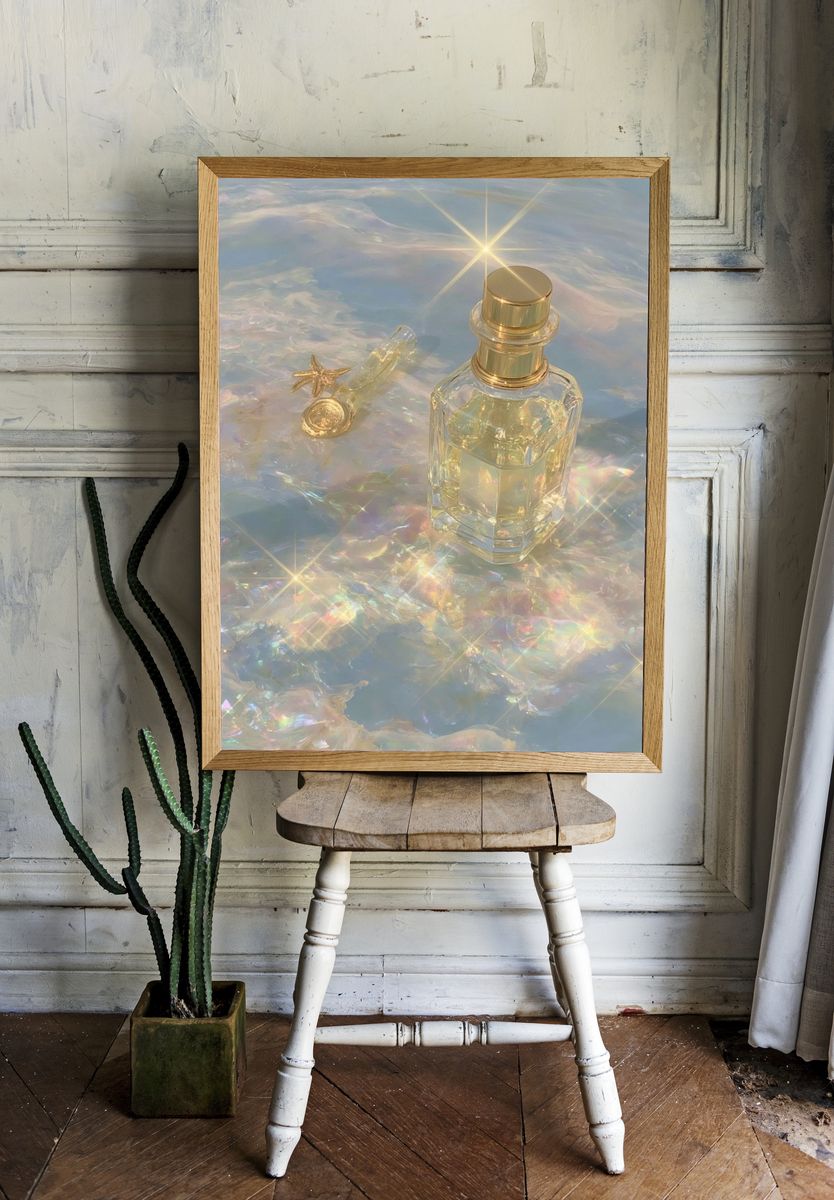 Golden Perfume Bottle Aesthetic Poster. — room view 1