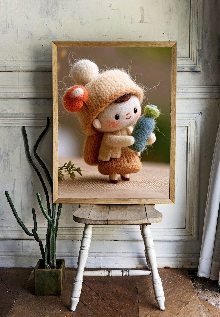 Knitted Doll with Cactus Illustration Print. — room view 1