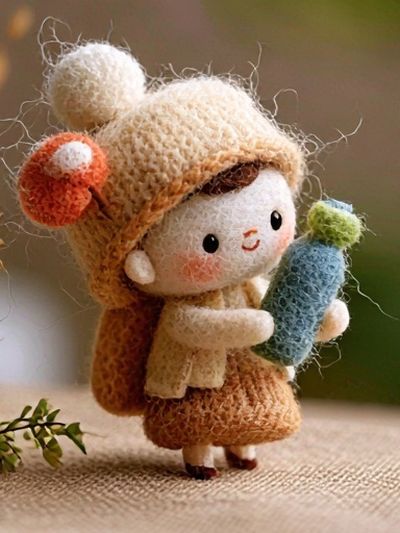 Knitted Doll with Cactus Illustration Print. poster