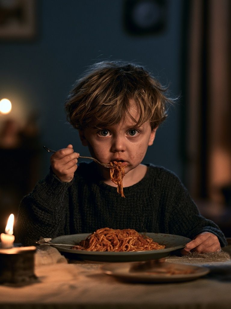 Child Eating Spaghetti Photography Poster. poster — photography art