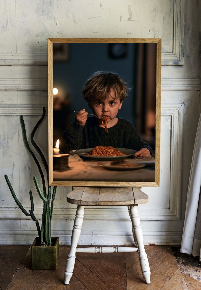 Child Eating Spaghetti Photography Poster. — room view 1
