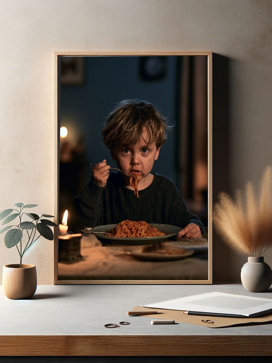 Child Eating Spaghetti Photography Poster. — room view 2