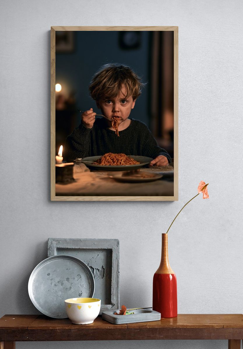 Child Eating Spaghetti Photography Poster. — room view 3